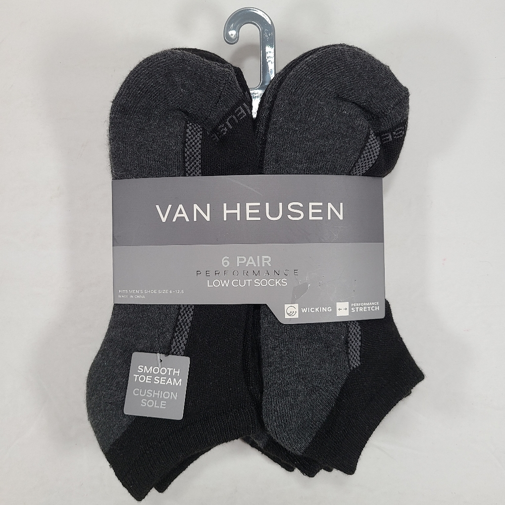 Van Heusen Black Gray Performance Low Cut Socks 6 Pair Men Size 6-12.5